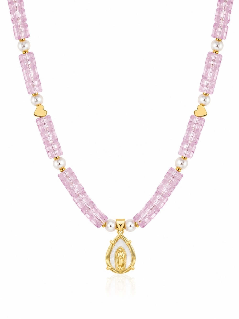 Gold Virgin Mary Pendant Necklace with Pink Beads